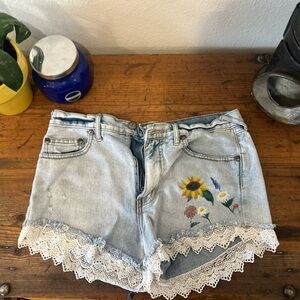 Free People Light Blue Jean Shorts with Floral Embroidery and Lace